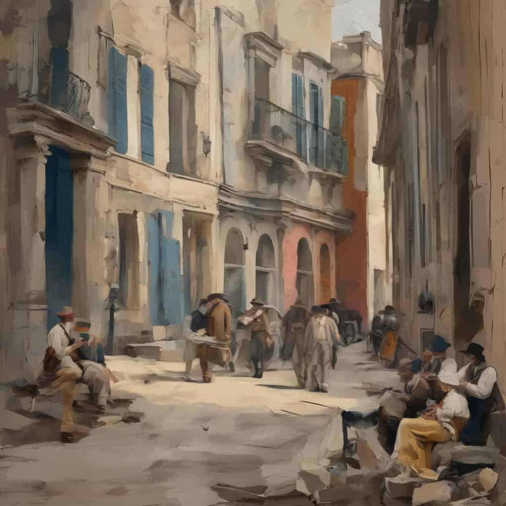 Νομισματικό σκίτσο με μελάνι, γραμμές και έκφραση σε μια ιστορική ευρωπαϊκή πόλη.