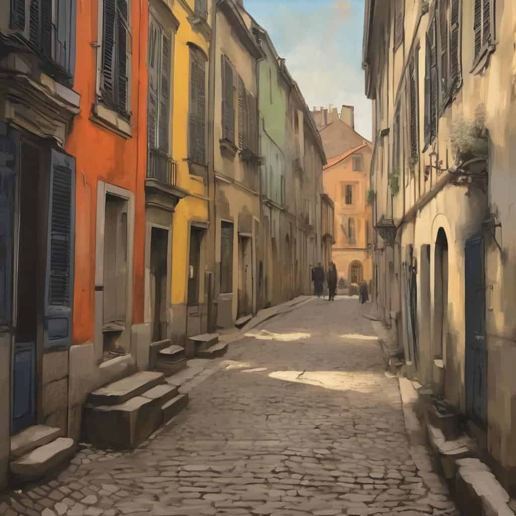 Ζωγραφική με μελάνι και γραμμές, τέχνη έκφρασης σε πανέμορφο στενό σε παραδοσιακό ευρωπαϊκό χωριό.