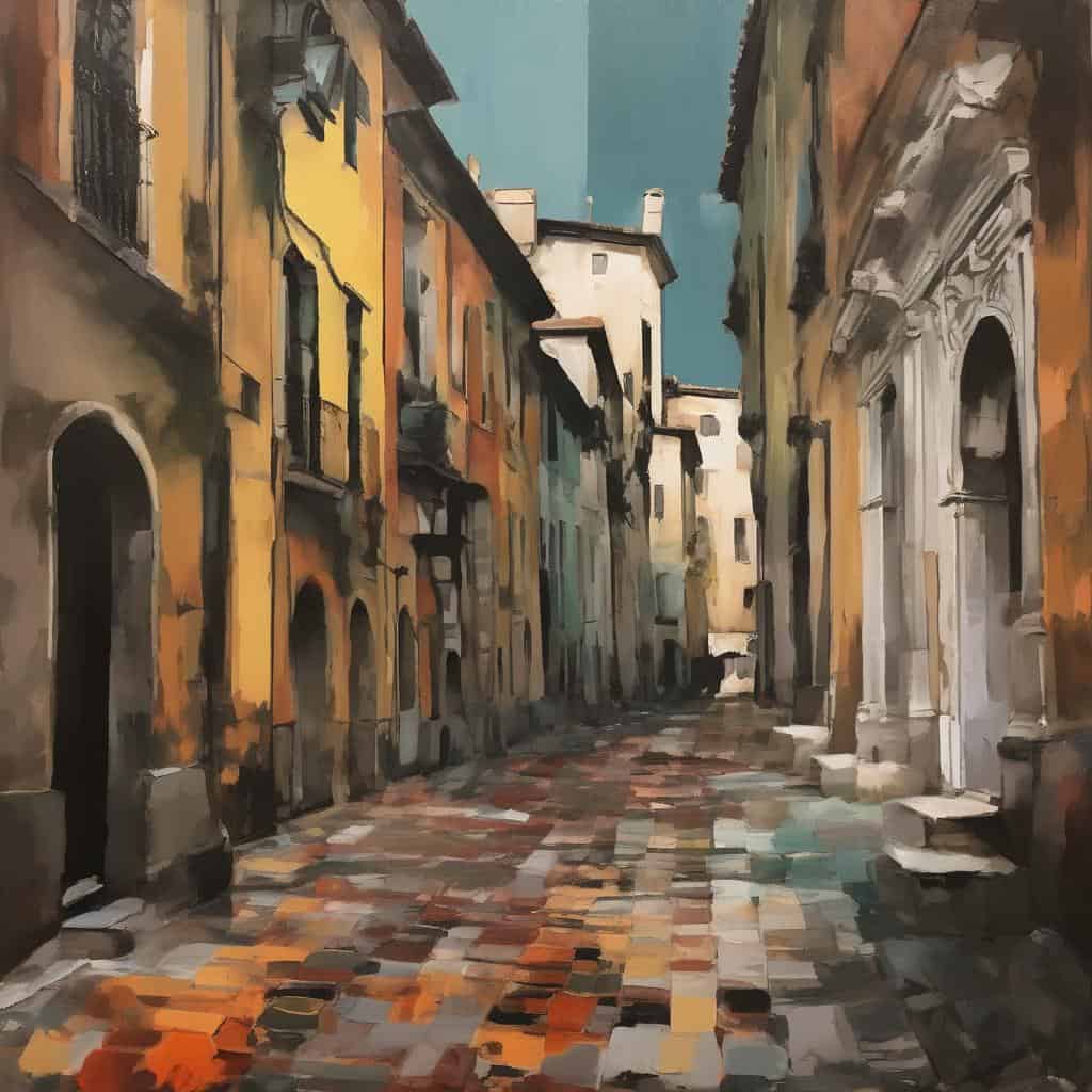 Ζωγραφική με μελάνι, κτίρια και δάπεδο σε δρόμο αρχιτεκτονικής.