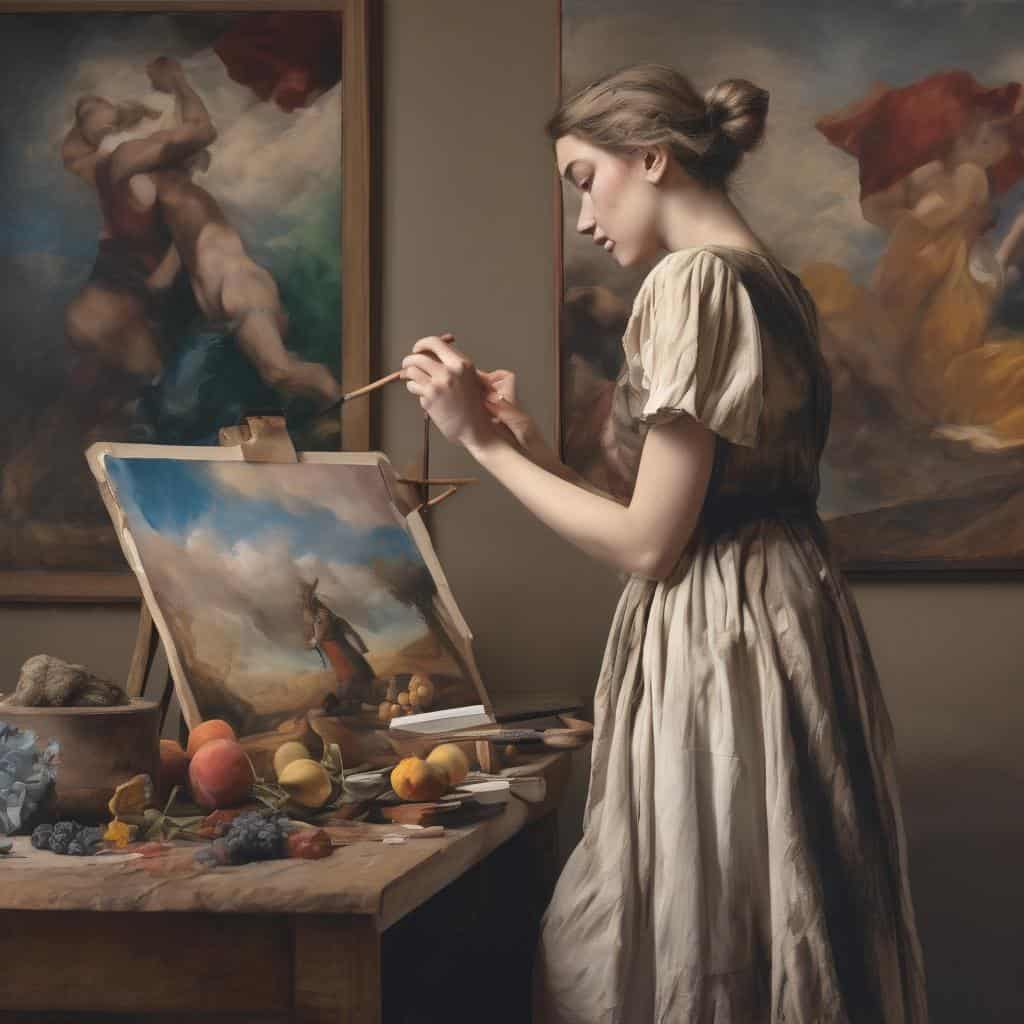 Ζωγράφος νεαρή γυναίκα που δημιουργεί έναν πίνακα με μελάνι και χρώματα σε στούντιο τέχνης, καλλιτεχνική έμπνευση και έκφραση.