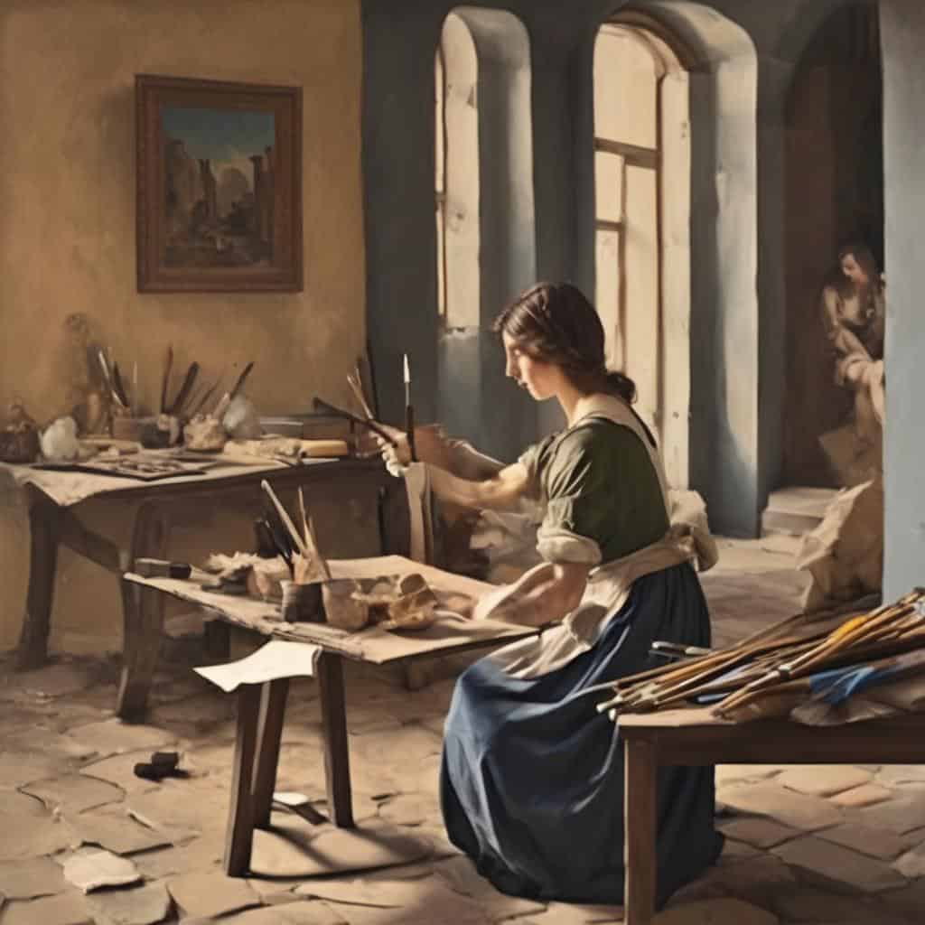 Καλλιτέχνης γυναίκα που σχεδιάζει με μελάνι, γραμμή και έκφραση σε ιστορικό εργαστήριο τέχνης.