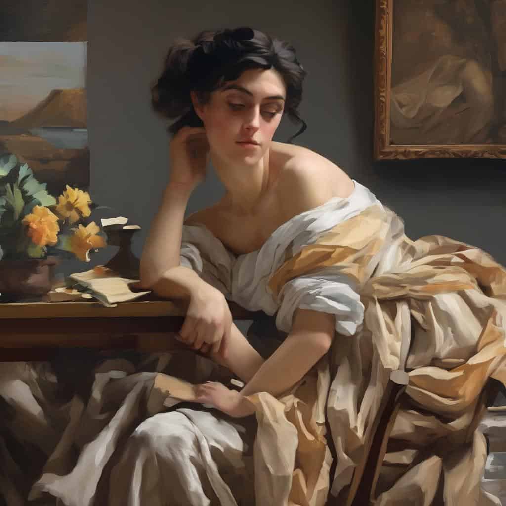 Ρεαλιστικό πορτρέτο γυναίκας με μελάνι, γραμμές και έκφραση, ζωγραφική τέχνη.